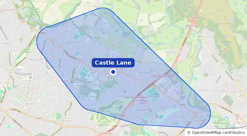 Map of our laundry collection area around Castle Lane, covering Moordown, Muscliff, Strouden Park, Throop, Littledown and Iford