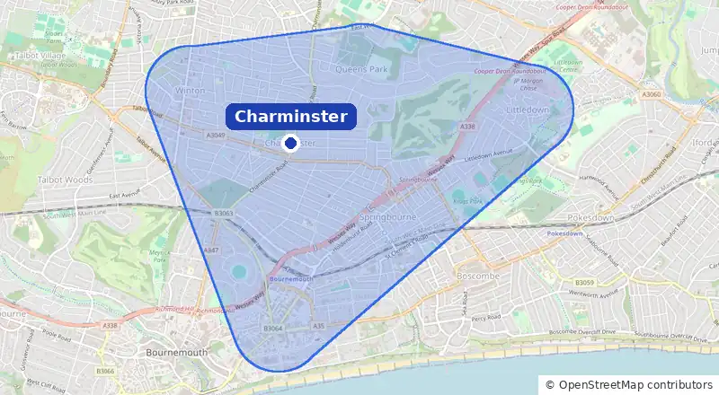 Map of our laundry collection area around Charminster, covering Springbourne, Queens Park, Winton, Littledown and Lansdowne