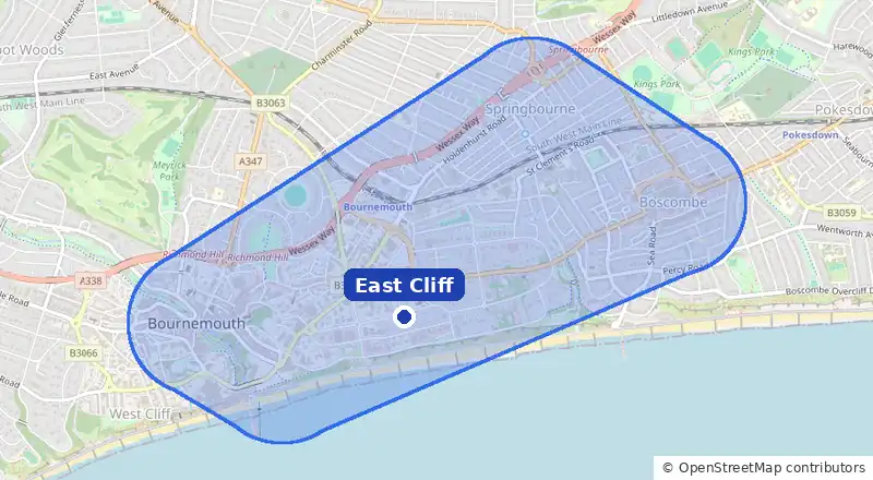 Map of our laundry collection area around East Cliff, covering Lansdowne, Bournemouth town centre, Springbourne and Boscombe