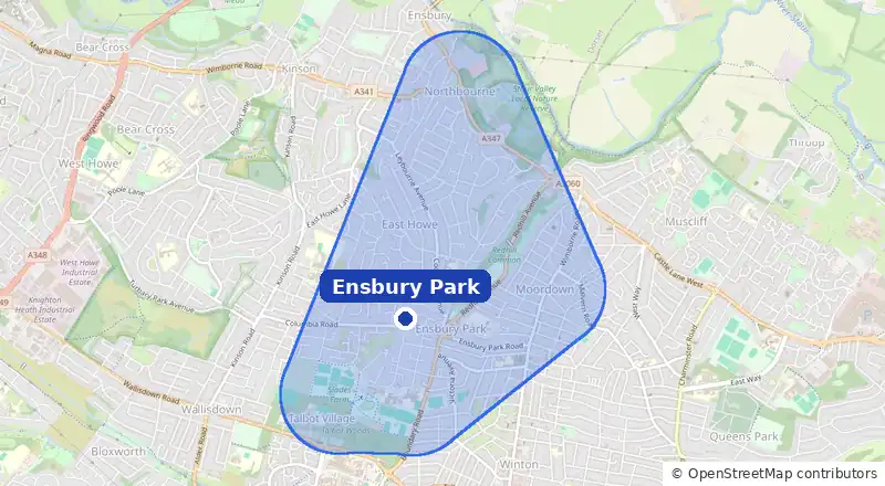 Map of our laundry collection area around Ensbury Park, covering Slades Farm, Redhill, Northbourne, East Howe and Moordown