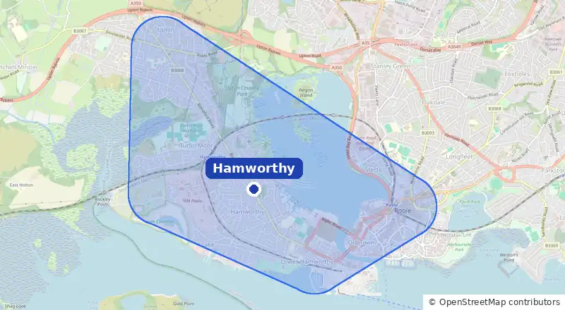 Map of our laundry collection area around Hamworthy, covering Turlin Moor, Rockley Park, Upton and Poole town centre
