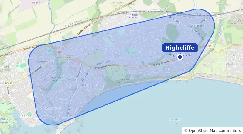Map of our laundry collection area around Highcliffe, covering Walkford, Hoburne, Somerford, Mudeford and Friars Cliff