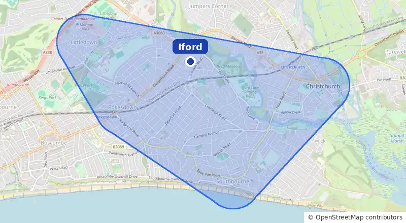 Map of our laundry collection area around Iford, covering Southbourne, Tuckton, Pokesdown, Littledown and Christchurch