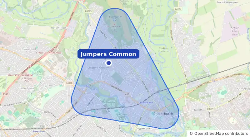 Map of our laundry collection area around Jumpers Common, covering St Catherine's Hill, Fairmile, Portfield, Iford and Christchurch town centre