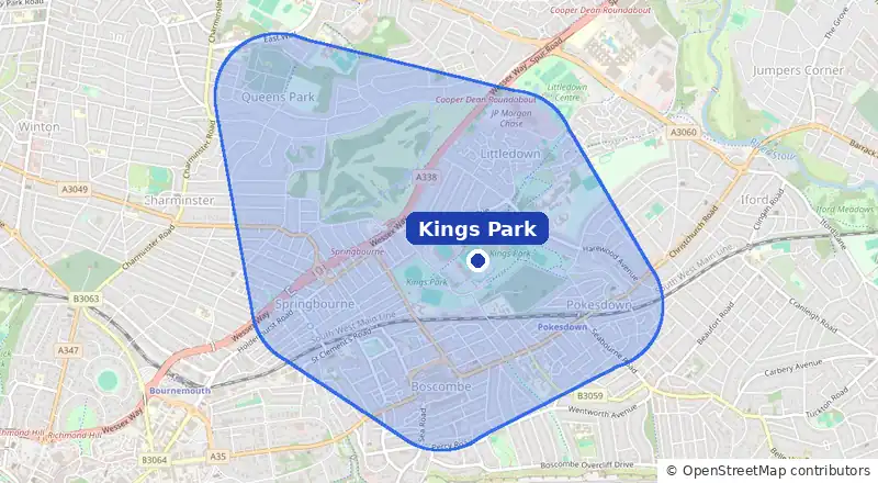 Map of our laundry collection area around Kings Park, covering Littledown, Boscombe, Pokesdown, Springbourne and Queens Park