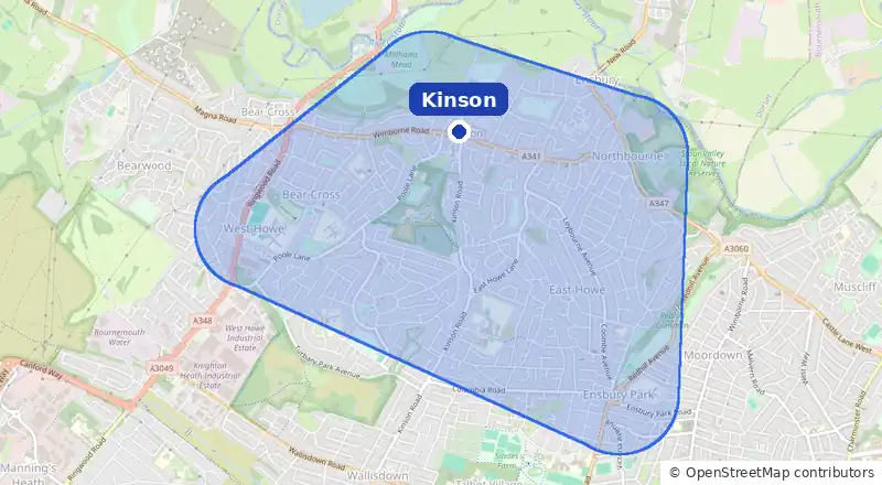 Map of our laundry collection area around Kinson, covering East Howe, West Howe, Ensbury Park, Northbourne and Bear Cross