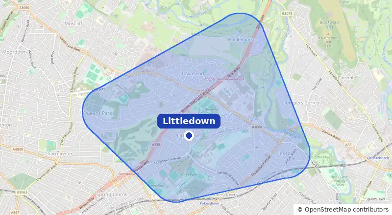 Map of our laundry collection area around Littledown, covering Townsend, Strouden Park, Holdenhurst, Kings Park and Iford