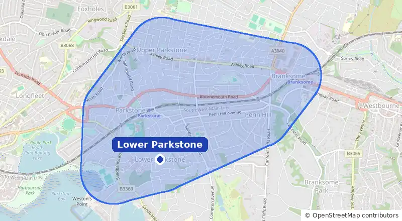 Map of our laundry collection area around Lower Parkstone, covering Ashley Cross, Parkstone, Penn Hill, Whitecliff and Branksome
