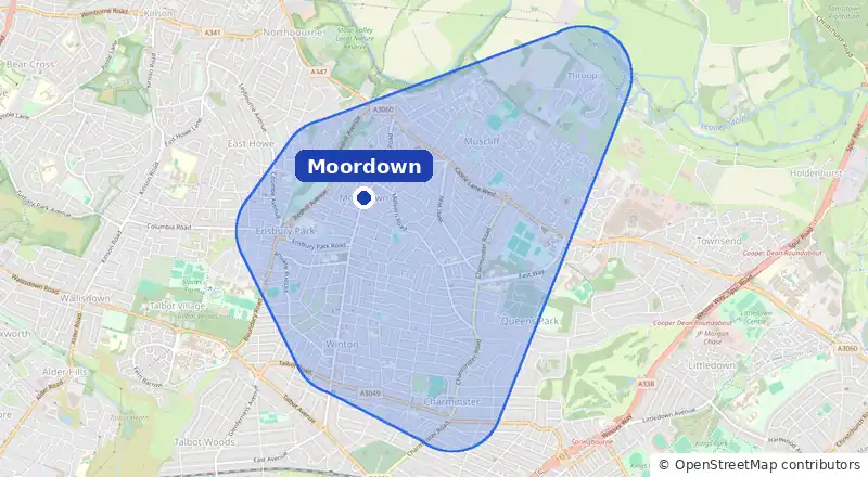 Map of our laundry collection area around Moordown, covering Winton, Charminster, Ensbury Park, Redhill, Muscliff and Throop