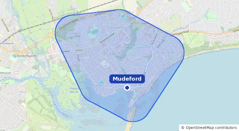 Map of our laundry collection area around Mudeford, covering Mudeford Quay, Stanpit, Friars Cliff, Somerford and Purewell