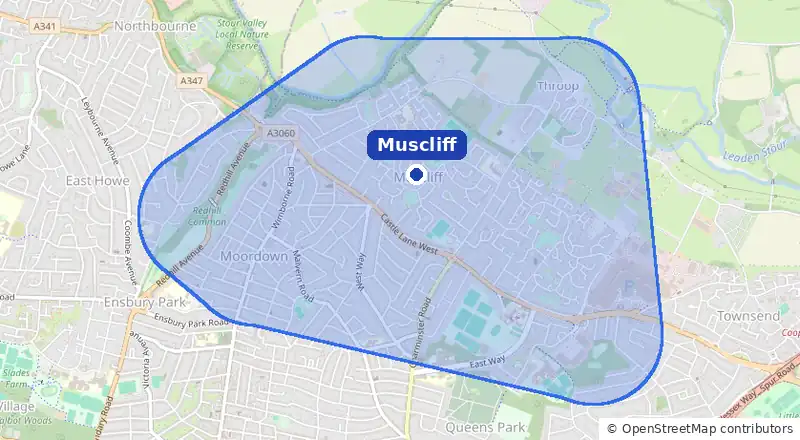 Map of our laundry collection area around Muscliff, covering Redhill, Moordown, Strouden Park and Throop