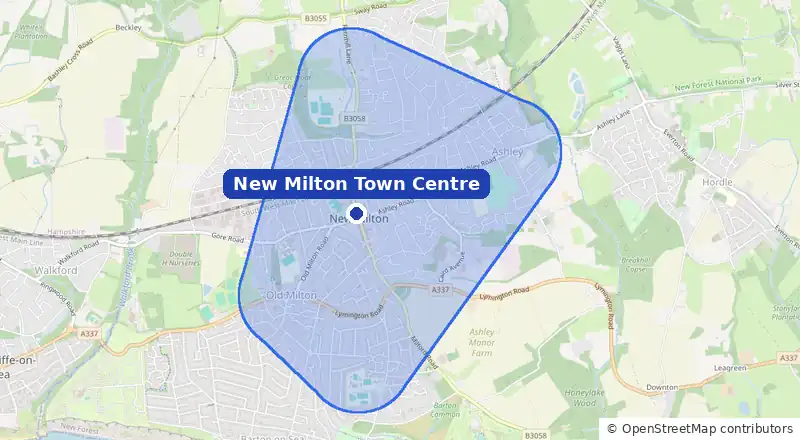 Map of our laundry collection area around New Milton town centre, covering Old Milton, Ashley, Fernhill and Barton on Sea