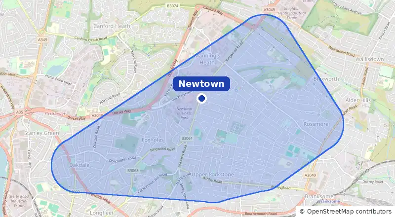 Map of our laundry collection area around Newtown, covering Heatherlands, Parkstone, Oakdale, Alderney and Rossmore
