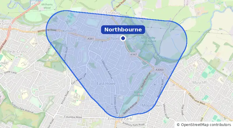 Map of our laundry collection area around Northbourne, covering Hill View, Redhill, East Howe and Kinson