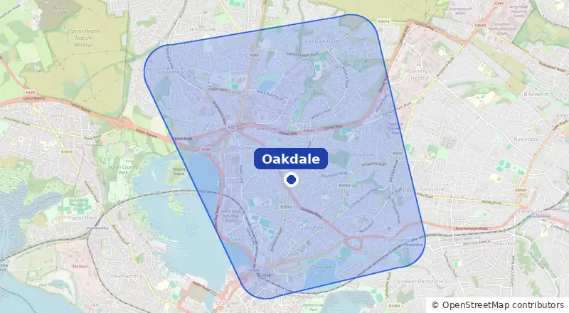 Map of our laundry collection area around Oakdale, covering Stanley Green, Canford Heath, Creekmoor, Parkstone and Poole Town Centre