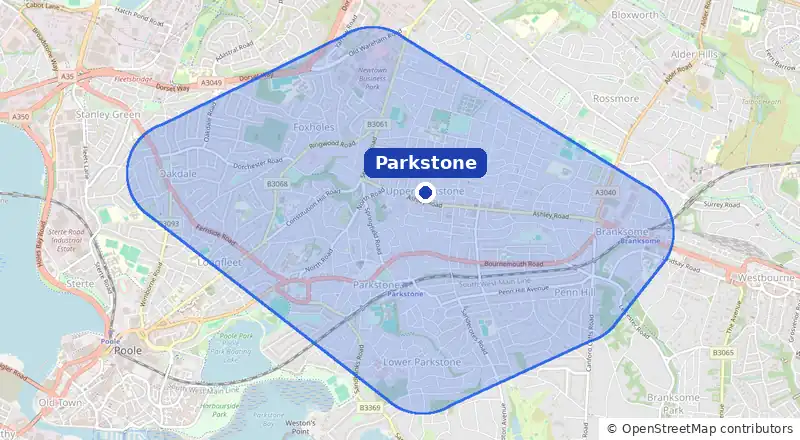 Map of our laundry collection area around Parkstone, covering Lower Parkstone, Branksome, Newtown, Oakdale and Penn Hill