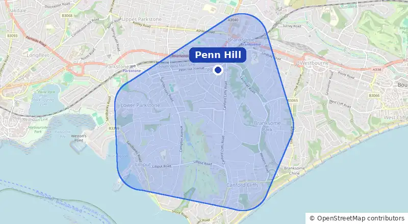 Map of our laundry collection area around Penn Hill, covering Lower Parkstone, Branksome, Branksome Park, Canford Cliffs and Lilliput