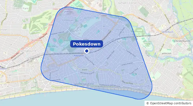 Map of our laundry collection area around Pokesdown, covering Boscombe, Southbourne, Iford, Tuckton and Littledown