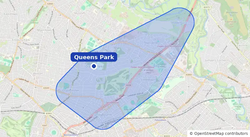 Map of our laundry collection area around Queens Park, covering Charminster, Springbourne, Littledown and Holdenhurst