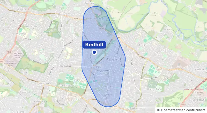 Map of our laundry collection area around Redhill, covering Ensbury Park, Northbourne, Moordown and Winton