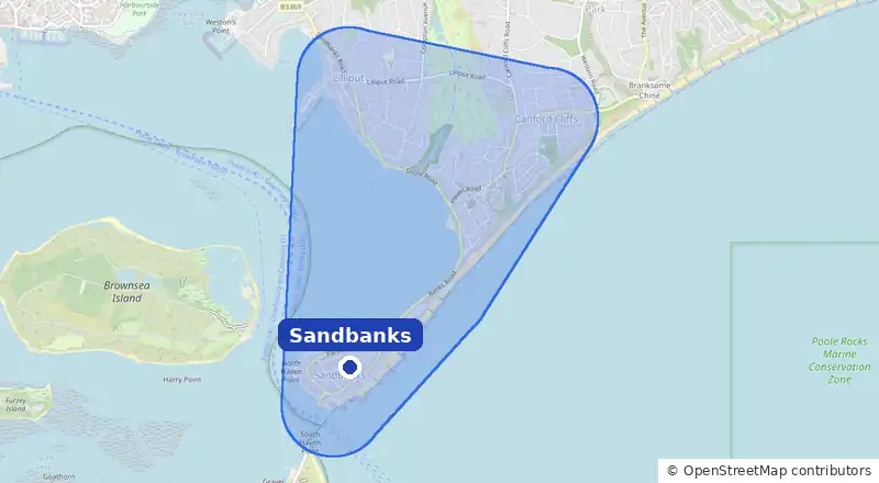 Map of our laundry collection area around Sandbanks, covering the whole peninsula, Lilliput, Evening Hill and Canford Cliffs