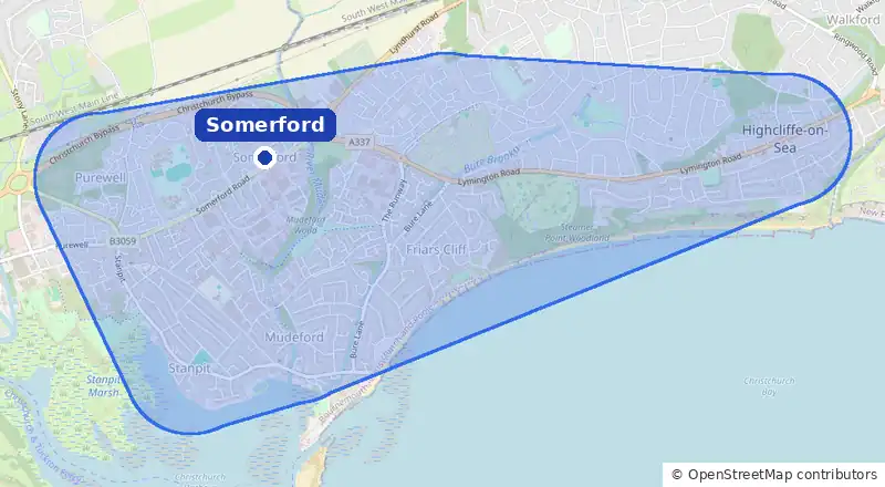Map of our laundry collection area around Somerford, covering Mudeford, Stanpit, Purewell, Hoburne and Highcliffe