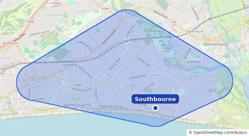 Map of our laundry collection area around Southbourne, covering Tuckton, Wick, Pokesdown, Boscombe and Iford