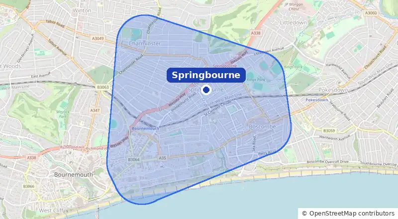 Map of our laundry collection area around Springbourne, covering Lansdowne, East Cliff, Boscombe, Kings Park and Charminster