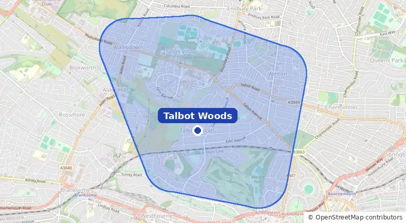 Map of our laundry collection area around Talbot Woods, covering Talbot Village, Winton, Meyrick Park and Wallisdown