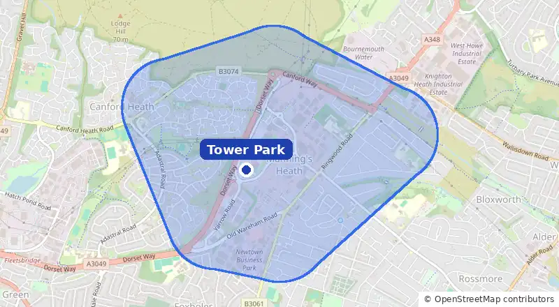Map of our laundry collection area around Tower Park, covering Mannings Heath, Foxholes, Canford Heath, Alderney and Newtown