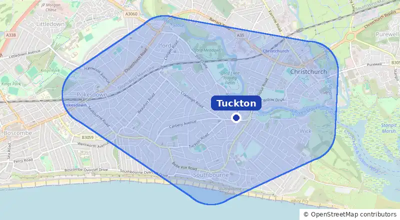 Map of our laundry collection area around Tuckton, covering Southbourne, Wick, Iford, Pokesdown and Christchurch