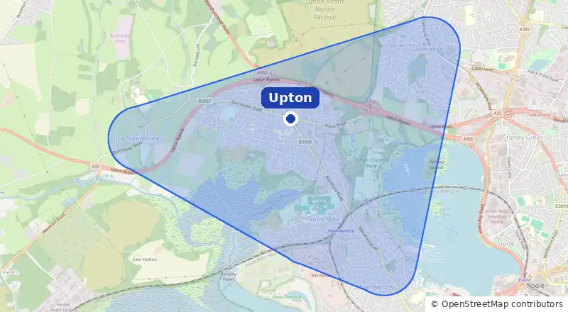 Map of our laundry collection area around Upton, covering Hamworthy, Turlin Moor, Lytchett Minster and Creekmoor