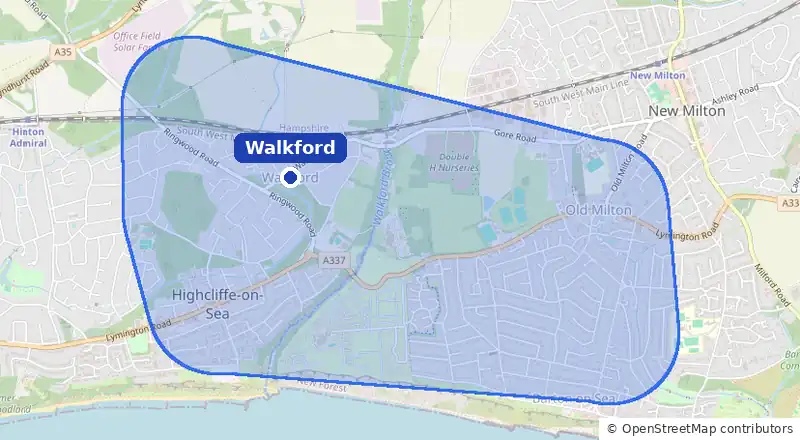 Map of our laundry collection area around Walkford, covering Highcliffe, Barton on Sea and Old Milton