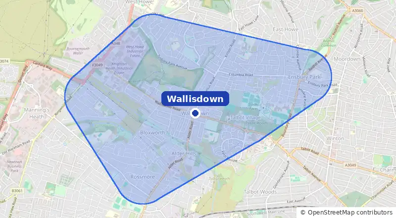 Map of our laundry collection area around Wallisdown, covering Talbot Village, Ensbury Park, West Howe, Alderney and Rossmore