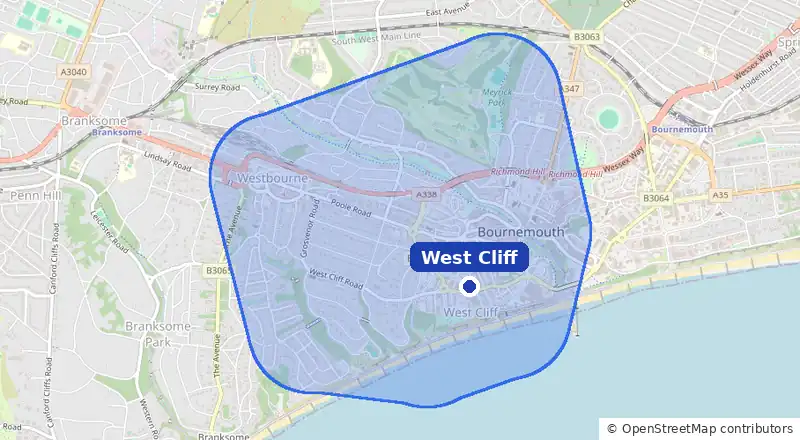 Map of our laundry collection area around West Cliff, covering Bournemouth town centre, Westbourne, Alum Chine and Meyrick Park