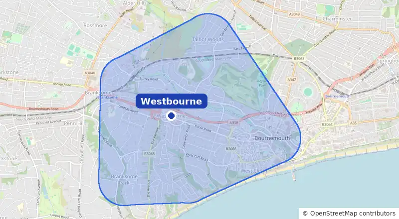 Map of our laundry collection area around Westbourne, covering Alum Chine, Branksome Park, Talbot Woods, Bourne Valley and Bournemouth Town Centre