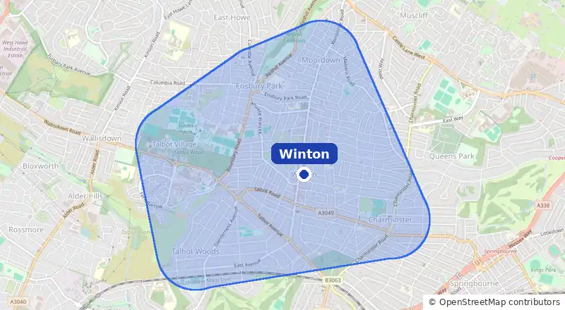 Map of our laundry collection area around Winton, covering Moordown, Charminster, Talbot Woods, Ensbury Park and Talbot Village